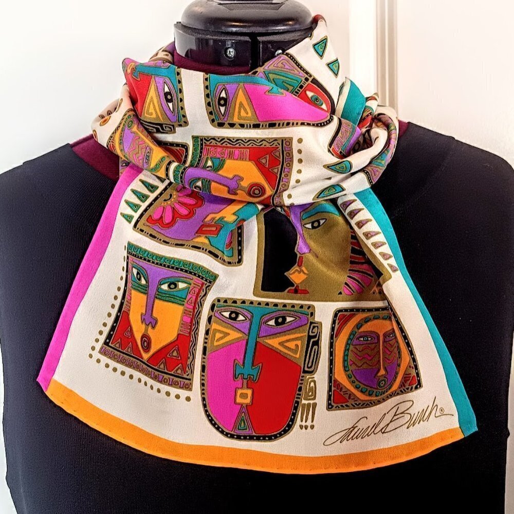Laurel Burch Multicolor Masks Silk Oblong Scarf